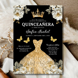 Floral Gold Bilingual Spanish Quinceanera Einladung