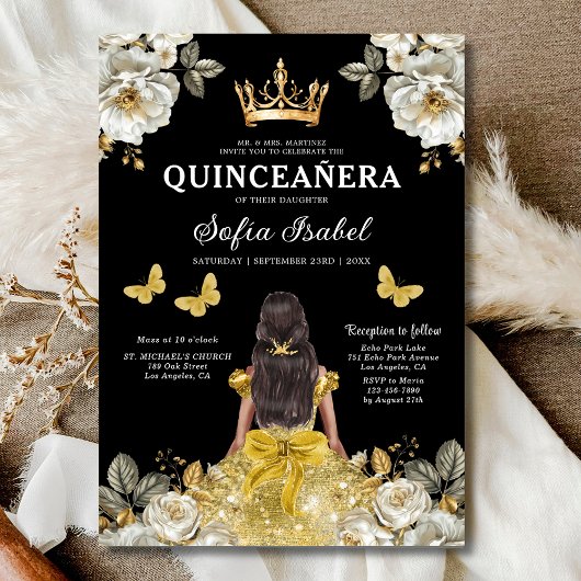 Floral Gold Bilingual Spanish Quinceanera Einladung