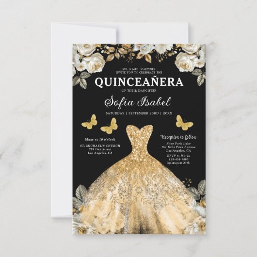 Floral Gold Bilingual Spanish Quinceanera Einladung (Vorderseite)