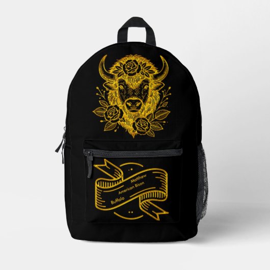 Floral Gold Bison Head Deco Bedruckter Rucksack (Vorderseite)