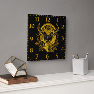 Floral Gold Bison Head Deco Quadratische Wanduhr