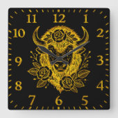 Floral Gold Bison Head Deco Quadratische Wanduhr (Vorderseite)