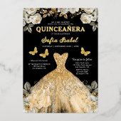 Floral Gold Black Butterfly Princess Quinceanera Folieneinladung (Vorderseite)