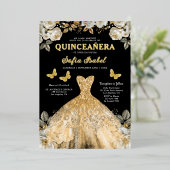 Floral Gold Black Butterfly Princess Quinceanera Folieneinladung (Stehend vorne)