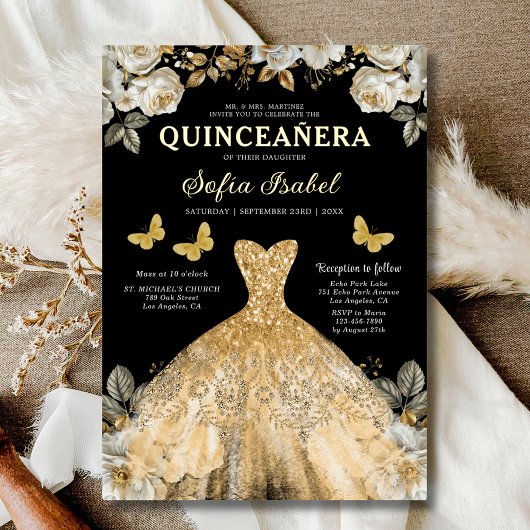 Floral Gold Black Butterfly Princess Quinceanera Folieneinladung