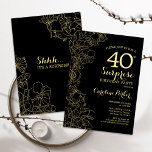 Floral Gold Black Überraschung 40. Geburtstag Part Einladung<br><div class="desc">Blorgoldschwarz Überraschung 40. Geburtstag Party Einladung. Minimalistisches modernes Design mit botanischen Akzenten und Typografie-Script-Schriftart. Einfache florale Einladungskarte perfekt für eine stilvolle weibliche Überraschung am Tag. Kann für jedes Alter angepasst werden.</div>