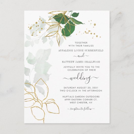Floral Gold Blätter Glitzer Script Wedding Einladungspostkarte (Vorderseite)