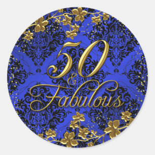 Floral Gold Blue 50 & Fabulous Birthday Sticker 2