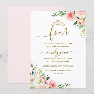 Floral Gold Blush Girl 4. Geburtstag Party Einladung