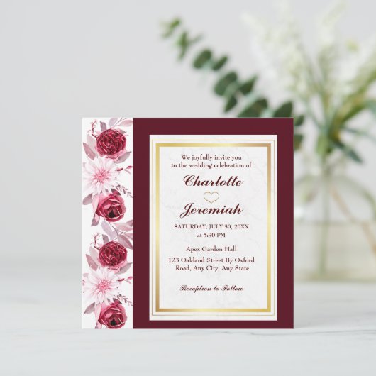 Floral Gold Blush Pink Burgundy Script Hochzeit Einladung (Stehend Vorderseite)