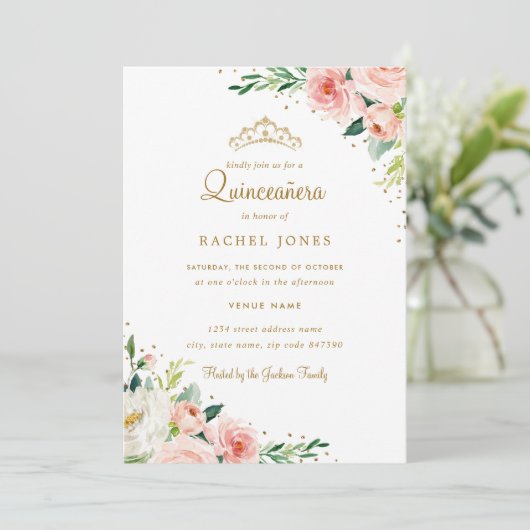 Floral Gold Blush Quinceanera Einladung (Stehend Vorderseite)