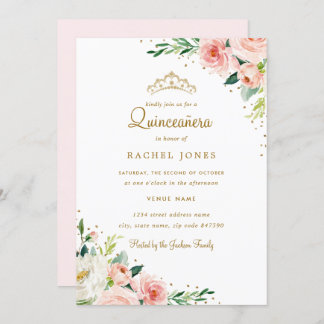 Floral Gold Blush Quinceanera Einladung
