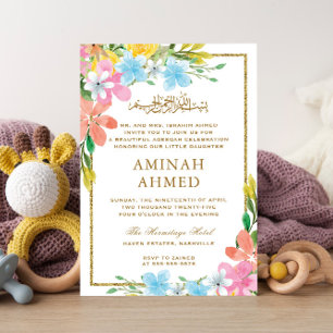 Floral Gold Border Islamic Aqiqa Aqeeqa Baby Einladung