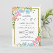 Floral Gold Border Nuestra Boda Spanische Hochzeit Einladung (Stehend Vorderseite)