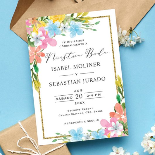 Floral Gold Border Nuestra Boda Spanische Hochzeit Einladung