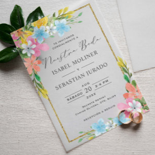 Floral Gold Border Nuestra Boda Spanische Hochzeit Pergament Einladungen