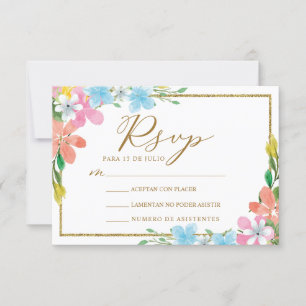 Floral Gold Border Nuestra Boda Wedding RSVP Einladung