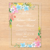 Floral Gold Border White Islamic Muslim Hochzeit Acryleinladungen (Vorderseite)