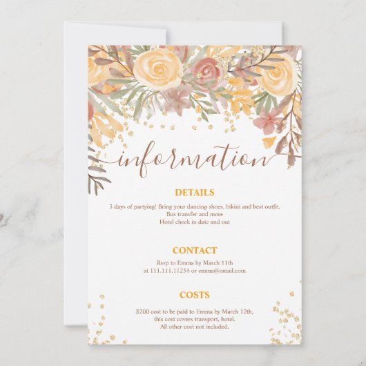 Floral gold braune Zeitlinie Bachelorette Wochenen Einladung (Rückseite)