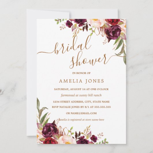 Floral Gold Burgundy Confetti Brautparty Einladung (Vorderseite)