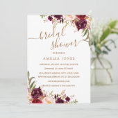 Floral Gold Burgundy Confetti Brautparty Einladung (Stehend Vorderseite)