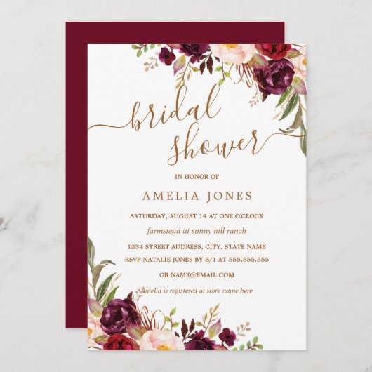 Floral Gold Burgundy Confetti Brautparty Einladung (Vorne/Hinten)