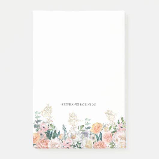 Floral Gold Butterfly Monogram Personalisiert Post-it Klebezettel (Vorderseite)