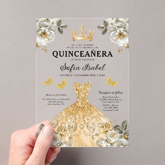 Floral Gold Butterfly Princess Quinceanera Acryleinladungen (Insitu (Handheld))