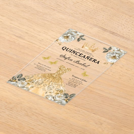 Floral Gold Butterfly Princess Quinceanera Acryleinladungen (Ablage )