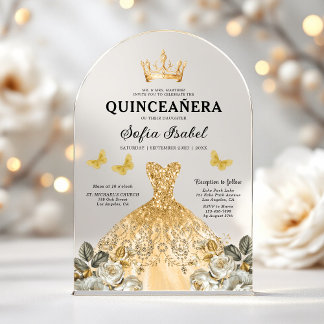 Floral Gold Butterfly Princess Quinceanera Acryleinladungen
