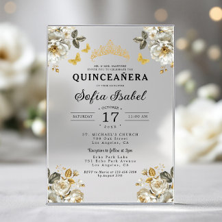 Floral Gold Butterfly Princess Quinceanera Acryleinladungen