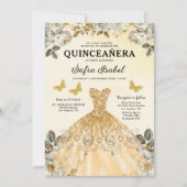 Floral Gold Butterfly Princess Quinceanera Einladung (Vorderseite)