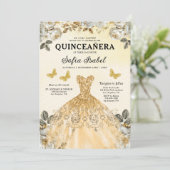 Floral Gold Butterfly Princess Quinceanera Einladung (Stehend Vorderseite)