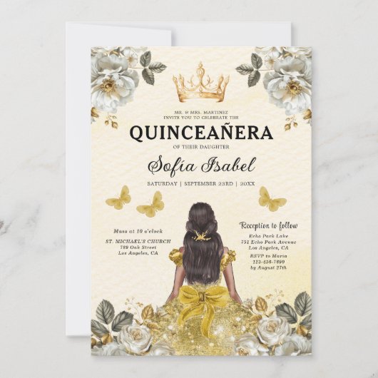 Floral Gold Butterfly Princess Quinceanera Einladung (Vorderseite)