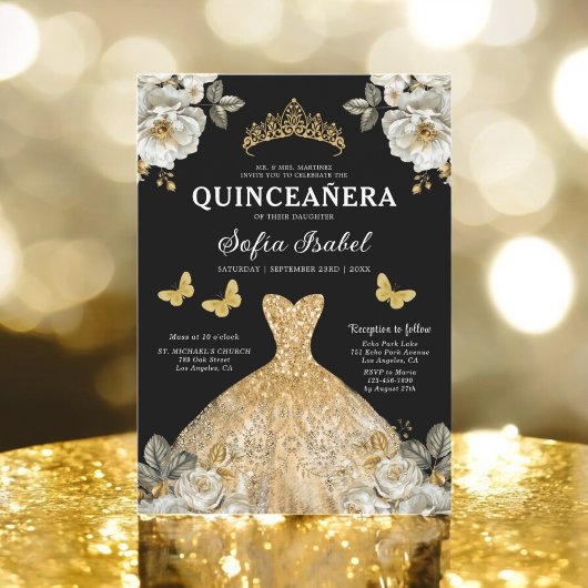 Floral Gold Butterfly Princess Quinceanera Einladung