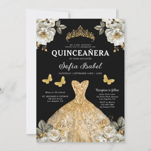 Floral Gold Butterfly Princess Quinceanera Einladung (Vorderseite)