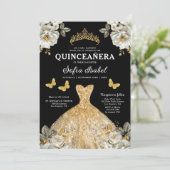 Floral Gold Butterfly Princess Quinceanera Einladung (Stehend Vorderseite)