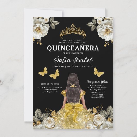 Floral Gold Butterfly Princess Quinceanera Einladung (Vorderseite)