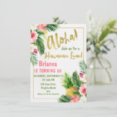 Floral Gold Calligraphy Luau Birthday Einladung (Stehend Vorderseite)