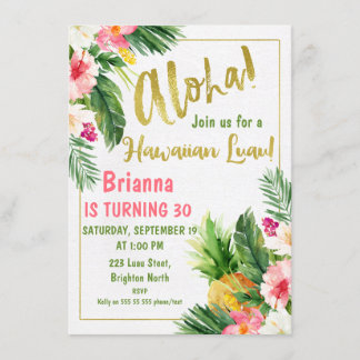 Floral Gold Calligraphy Luau Birthday Einladung
