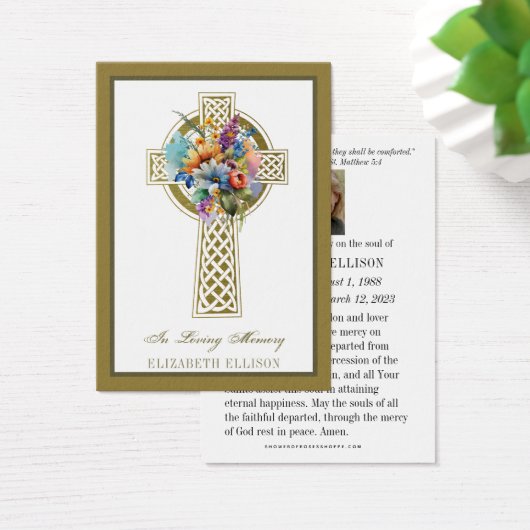 Floral Gold Celtic Cross Beerdigung Prayer Card (Schreibtisch)