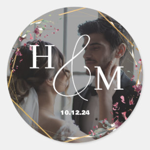 Floral Gold Elegantes Foto Mit Monogramm Hochzeit Runder Aufkleber