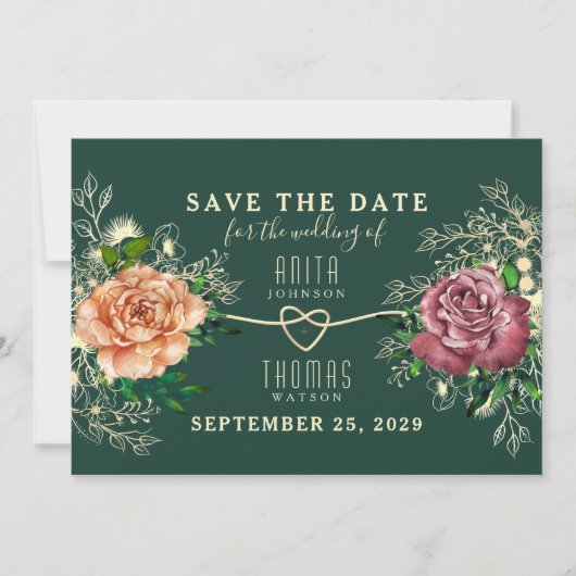 Floral Gold Emerald Green Wedding Save The Date (Vorderseite)