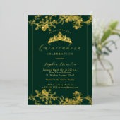 Floral Gold Emerald Vintag Quinceanera Folieneinladung (Stehend vorne)