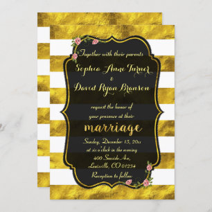 Floral Gold Foil Streifen Black Wedding Einladung