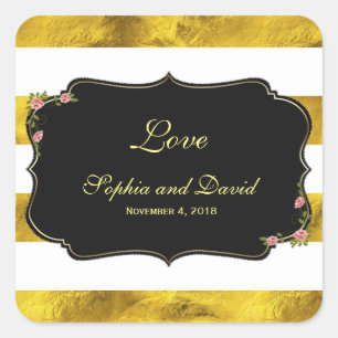 Floral Gold Foil Weiße Streifen Hochzeit Custom Quadratischer Aufkleber