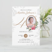 Floral Gold Foto 40. Geburtstag Party Einladung (Stehend Vorderseite)