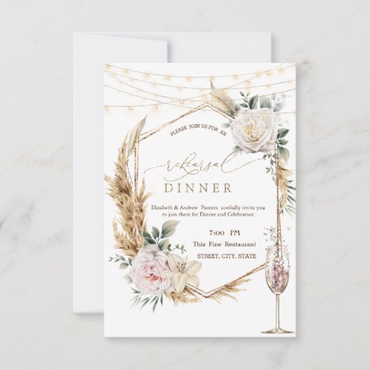 Floral Gold Frame Champagne Probe Dinner Einladung (Vorderseite)
