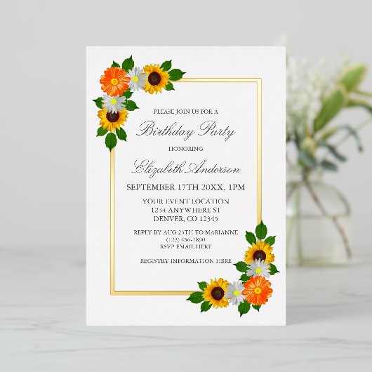 Floral Gold Frame Geburtstag Folieneinladung (Stehend vorne)