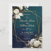 Floral Gold Geometric Emerald Green Wedding Einladung (Vorderseite)